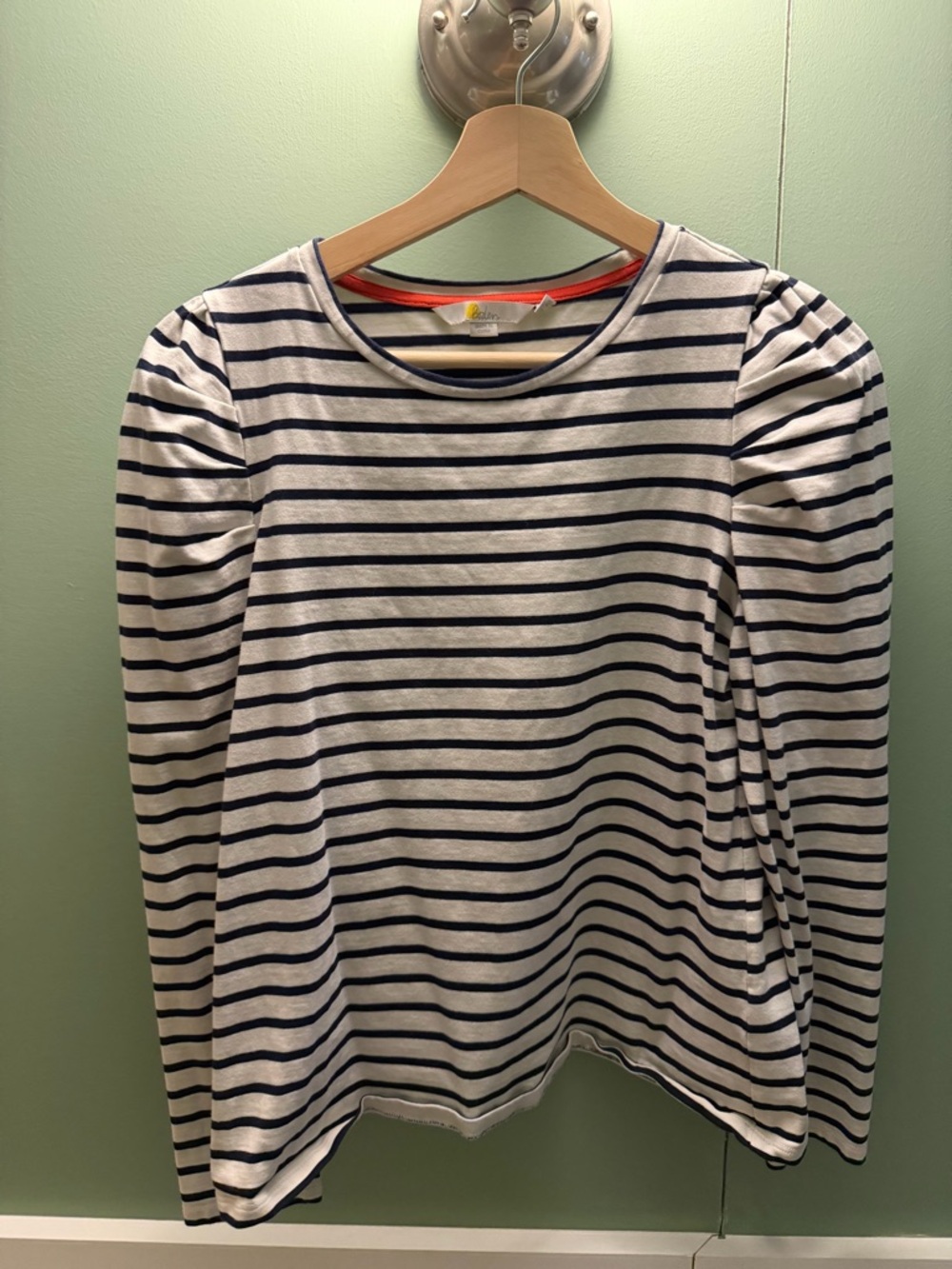 Boden Navy & White Striped Tee with Coral Trim